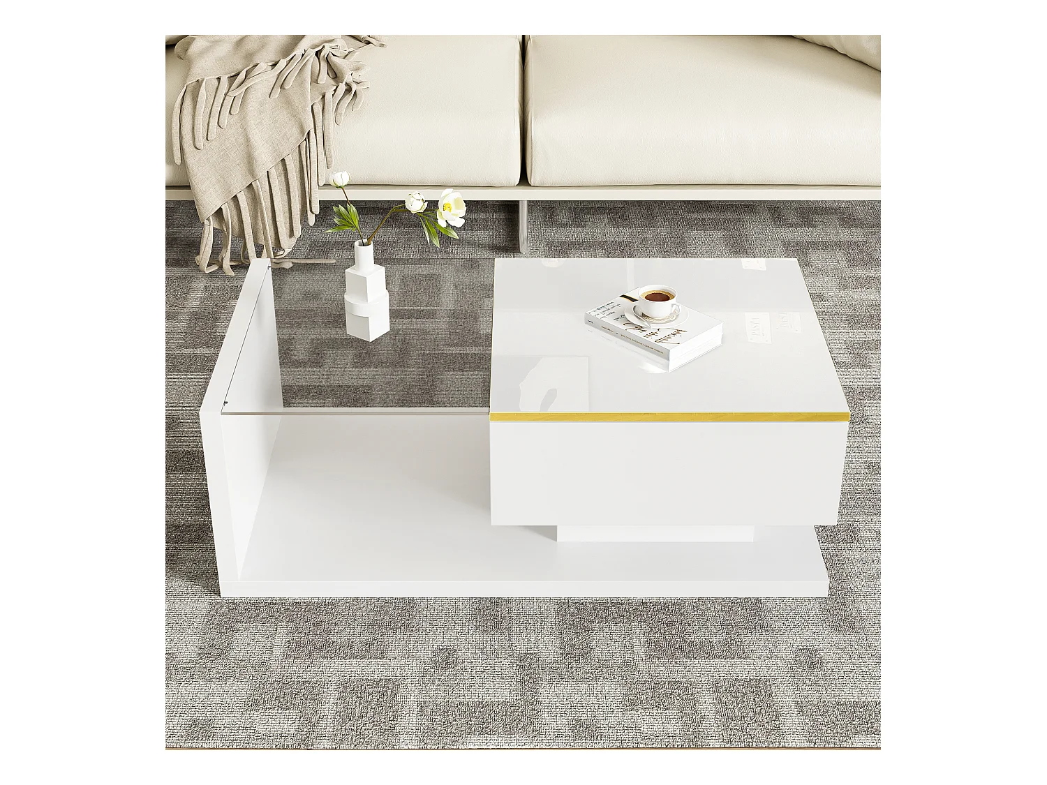 Mesa de centro moderna em vidro com iluminação LED - painéis de partículas - branco