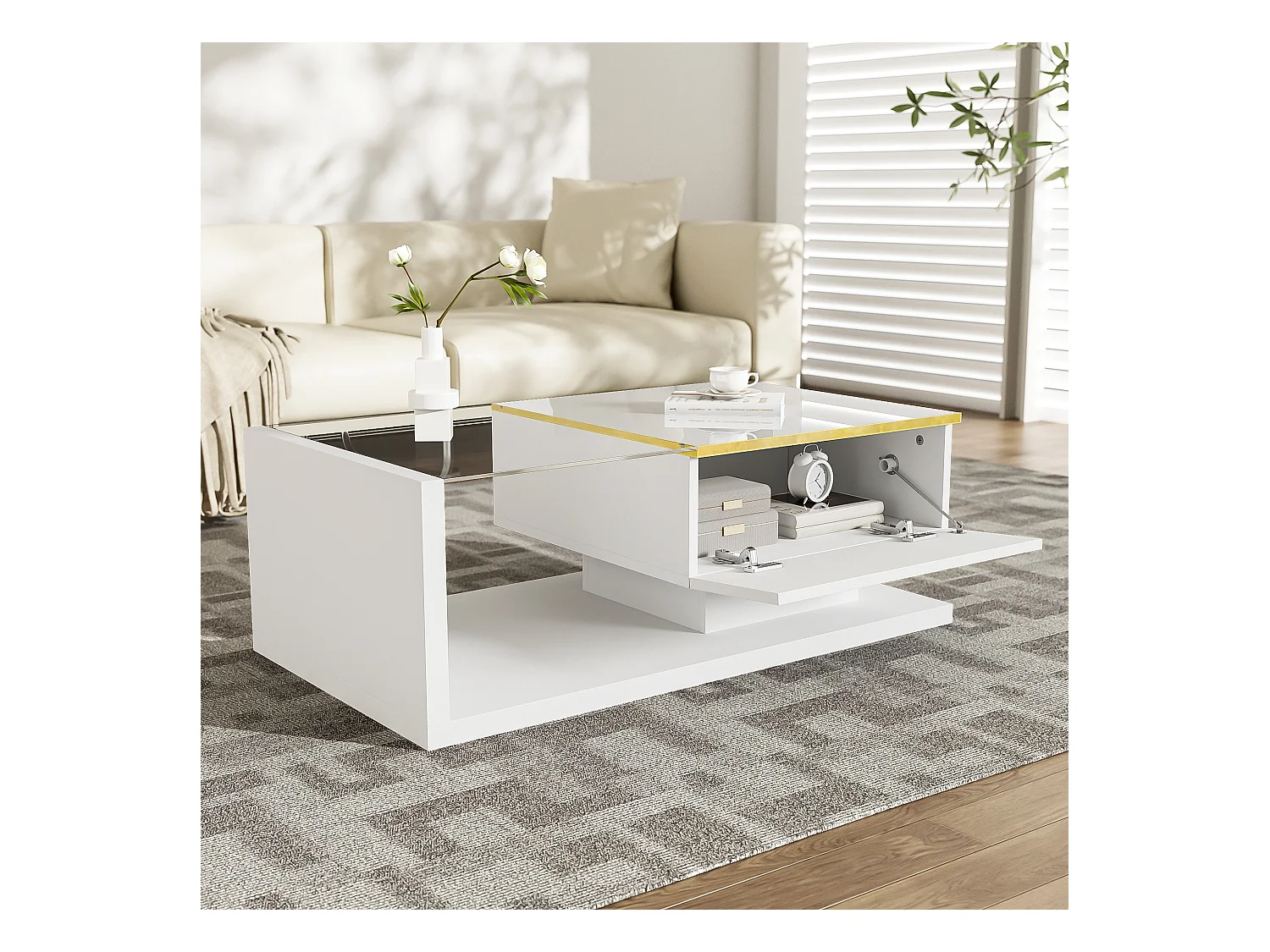 Mesa de centro moderna em vidro com iluminação LED - painéis de partículas - branco