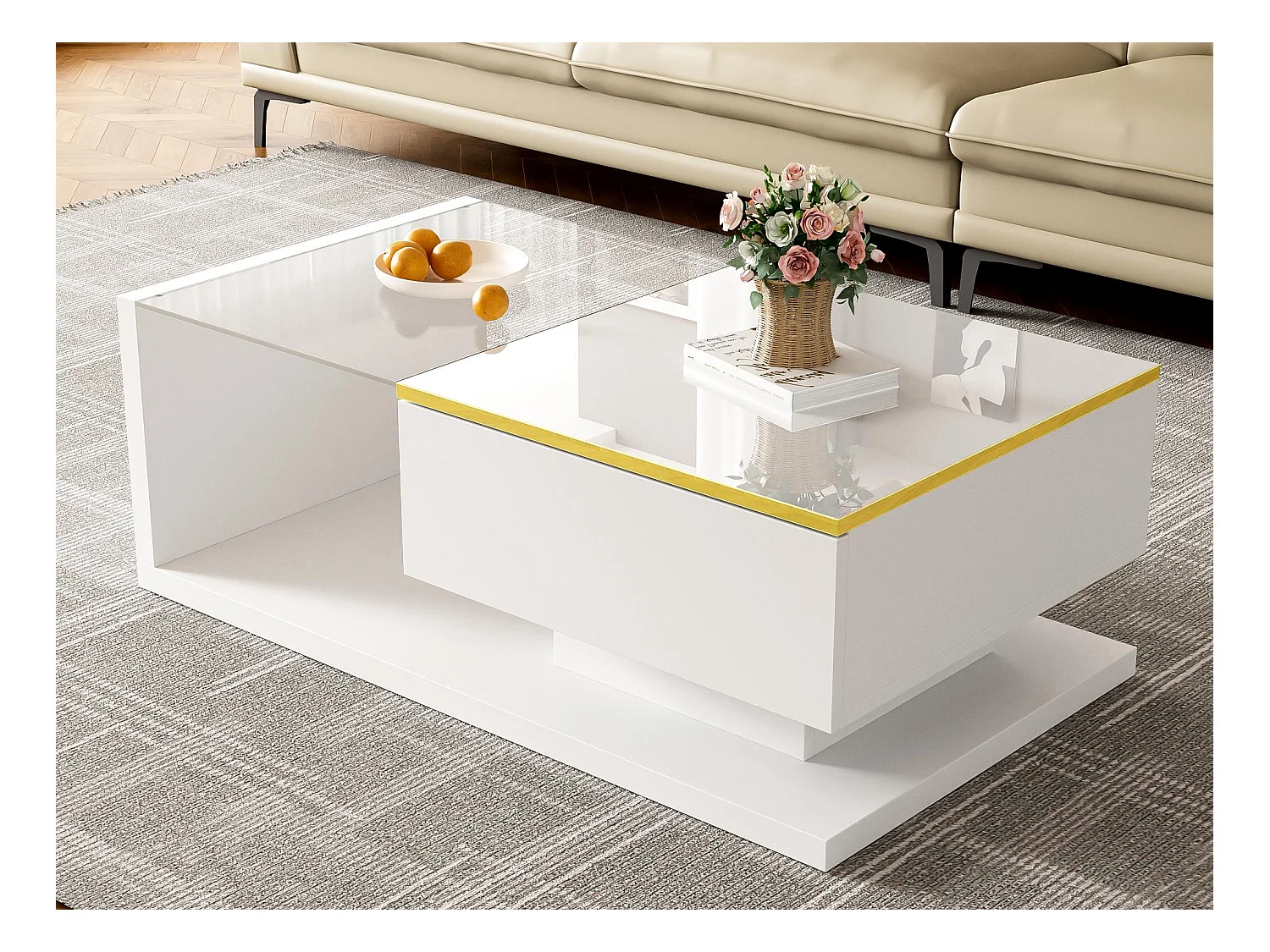 Table basse moderne en verre et éclairage LED - panneaux de particules - blanc