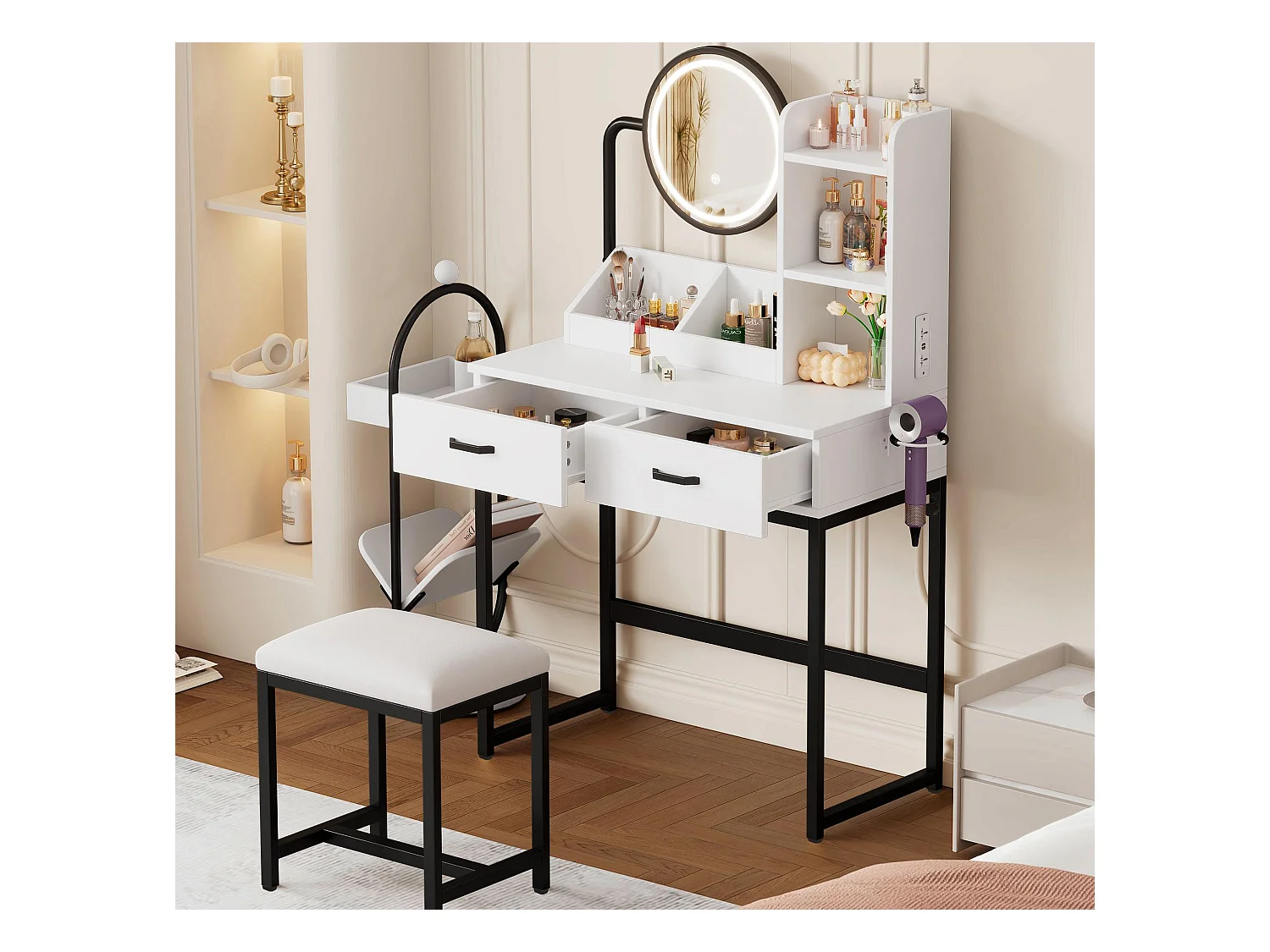 Toaletka z lustrem 80x40x138,5 cm – ze stołkiem – z oświetleniem LED – z portem USB – z 2 szufladami – z otwartymi półkami – biało-czarna