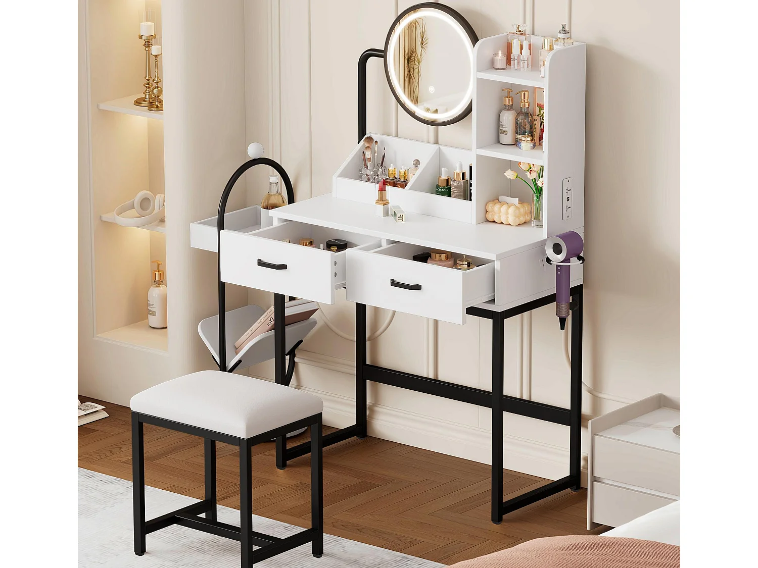 Coiffeuse avec miroir 80x40x138.5 cm - avec tabouret - avec éclairage LED - avec prise USB - avec 2 tiroirs - avec étagères ouvertes - Blanc&Noir