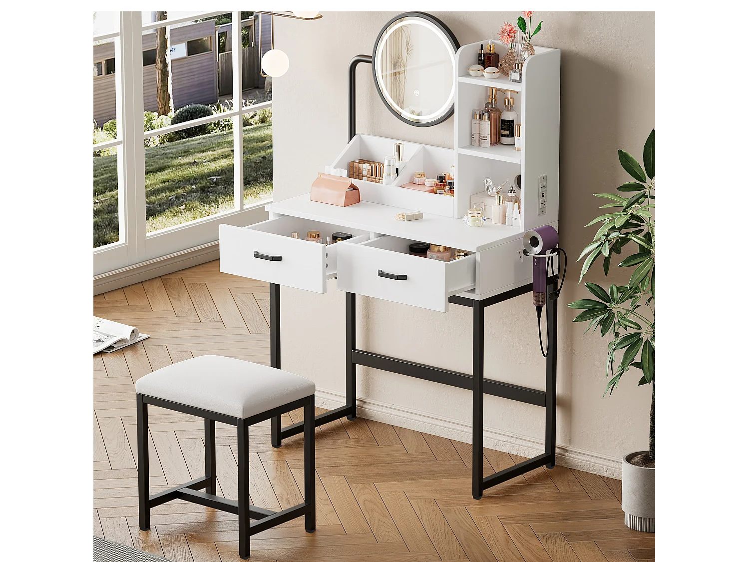 Coiffeuse avec miroir 80x40x138.5 cm - avec tabouret - avec éclairage LED - avec prise USB - avec 2 tiroirs - avec étagères ouvertes - Blanc&Noir