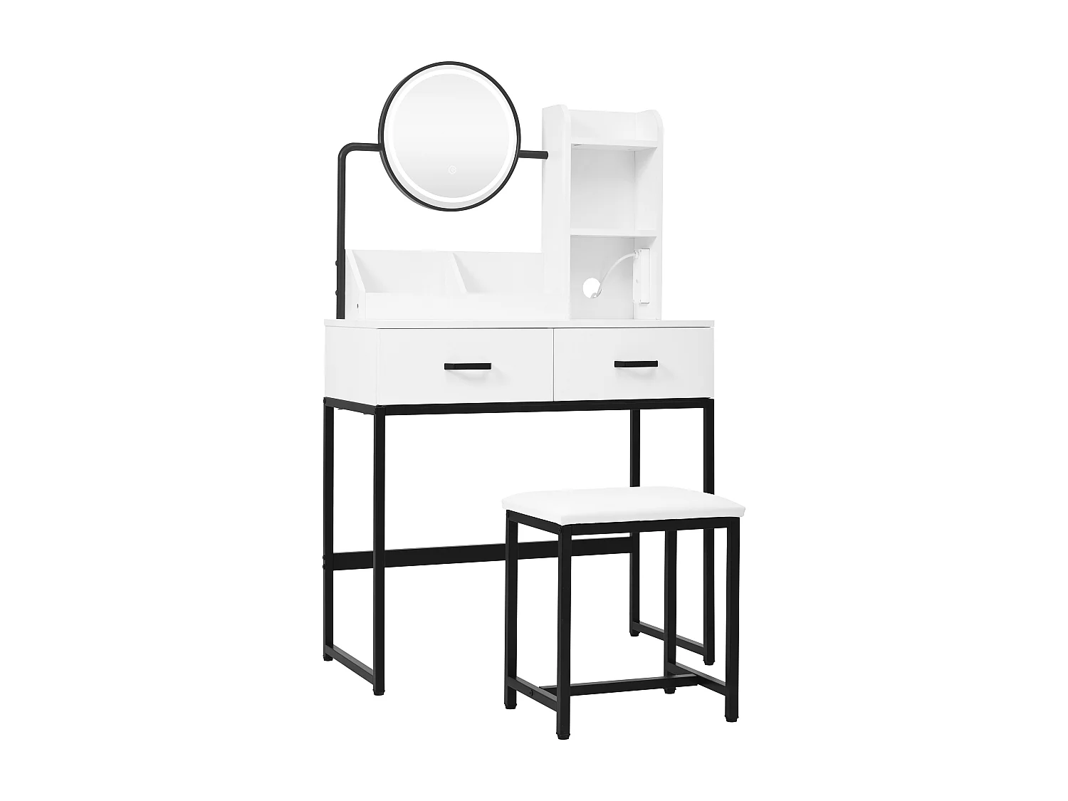 Coiffeuse avec miroir 80x40x138.5 cm - avec tabouret - avec éclairage LED - avec prise USB - avec 2 tiroirs - avec étagères ouvertes - Blanc&Noir