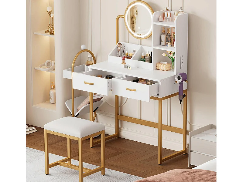 Toaletka z lustrem 80x40x138,5 cm – ze stołkiem – z oświetleniem LED – z portem USB – z 2 szufladami – z otwartymi półkami – biało-złota