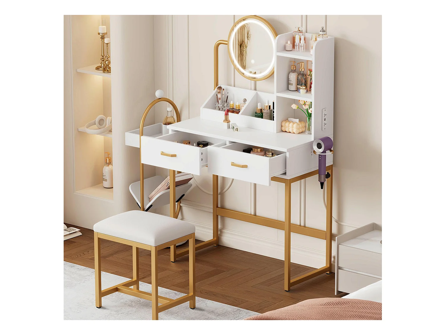 Toaletka z lustrem 80x40x138,5 cm – ze stołkiem – z oświetleniem LED – z portem USB – z 2 szufladami – z otwartymi półkami – biało-złota