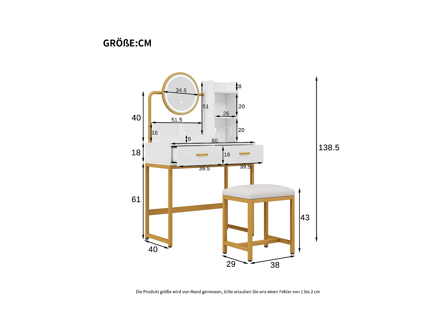 Toaletka z lustrem 80x40x138,5 cm – ze stołkiem – z oświetleniem LED – z portem USB – z 2 szufladami – z otwartymi półkami – biało-złota
