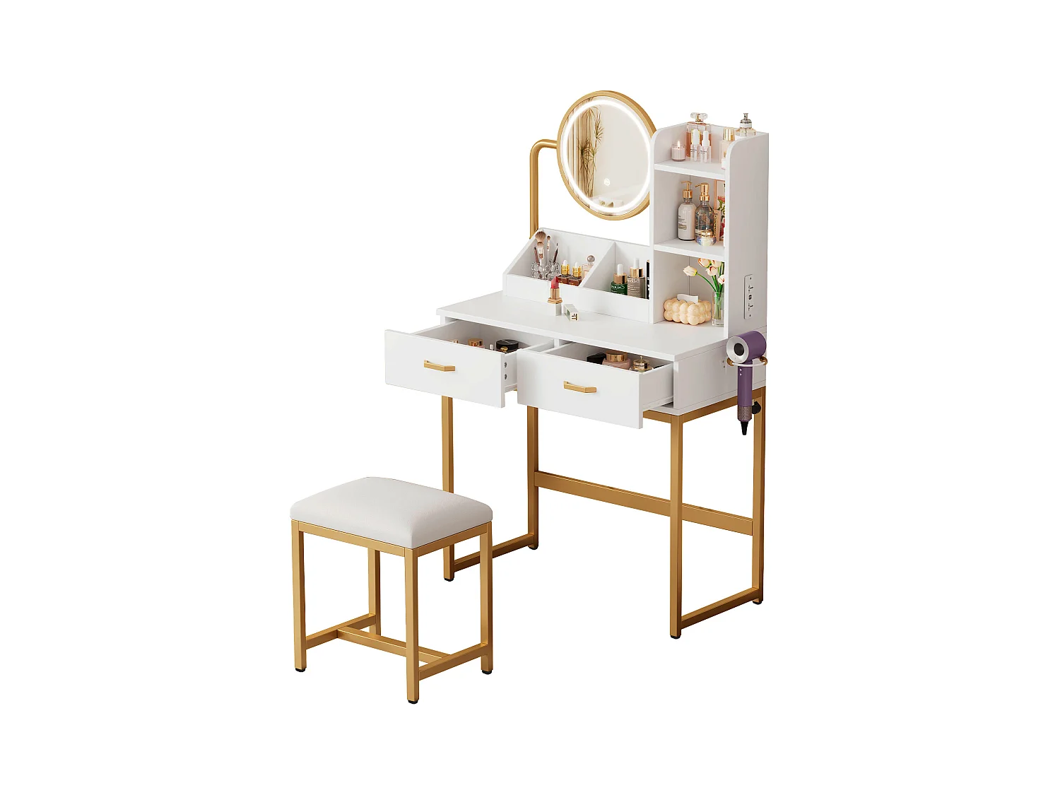 Toaletka z lustrem 80x40x138,5 cm – ze stołkiem – z oświetleniem LED – z portem USB – z 2 szufladami – z otwartymi półkami – biało-złota