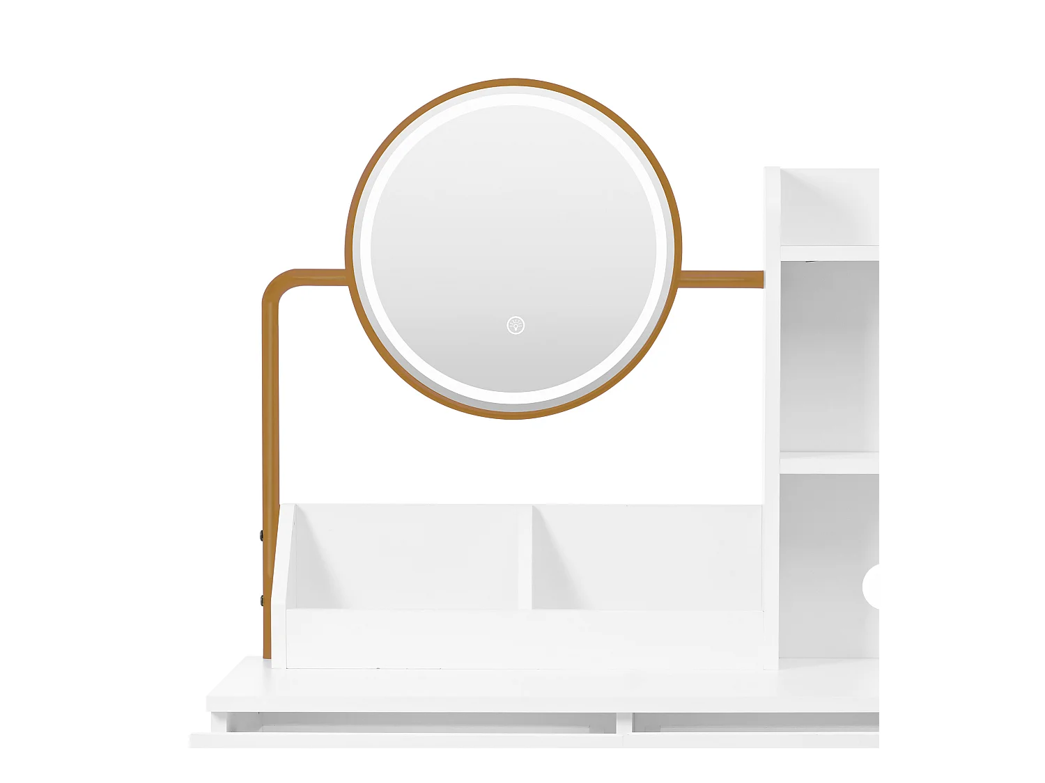 Toaletka z lustrem 80x40x138,5 cm – ze stołkiem – z oświetleniem LED – z portem USB – z 2 szufladami – z otwartymi półkami – biało-złota