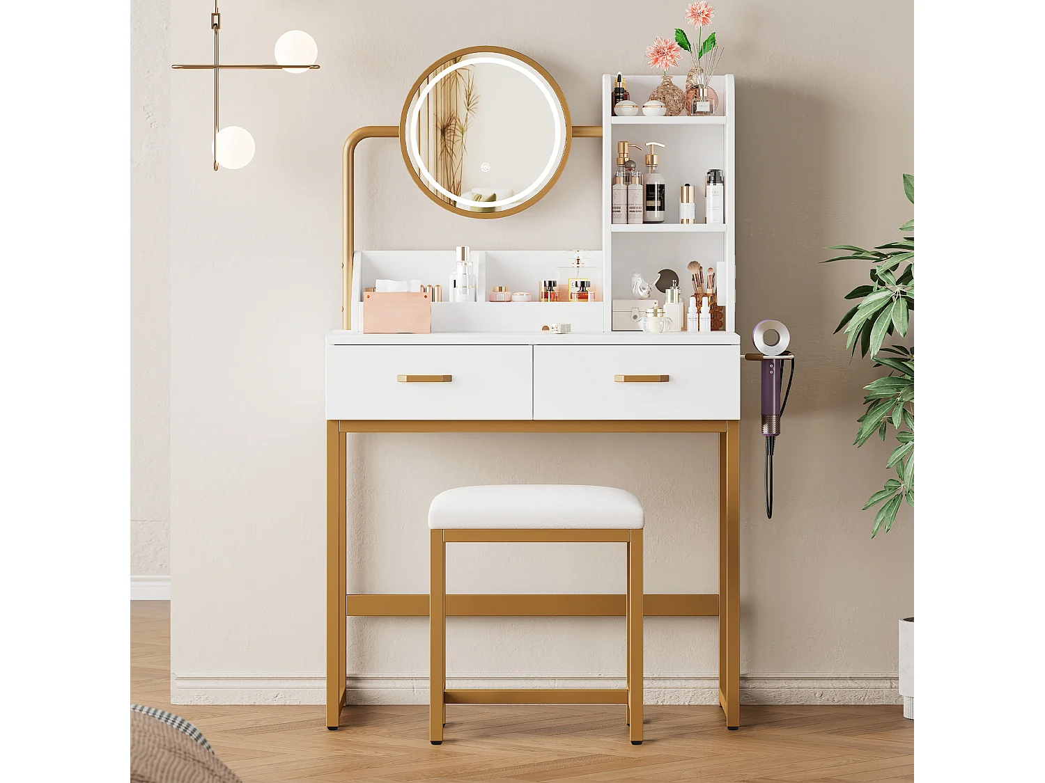 Schminktisch mit Spiegel 80x40x138,5 cm – mit Hocker – mit LED-Beleuchtung – mit USB-Anschluss – mit 2 Schubladen – mit offenen Regalen – Weiß & Gold