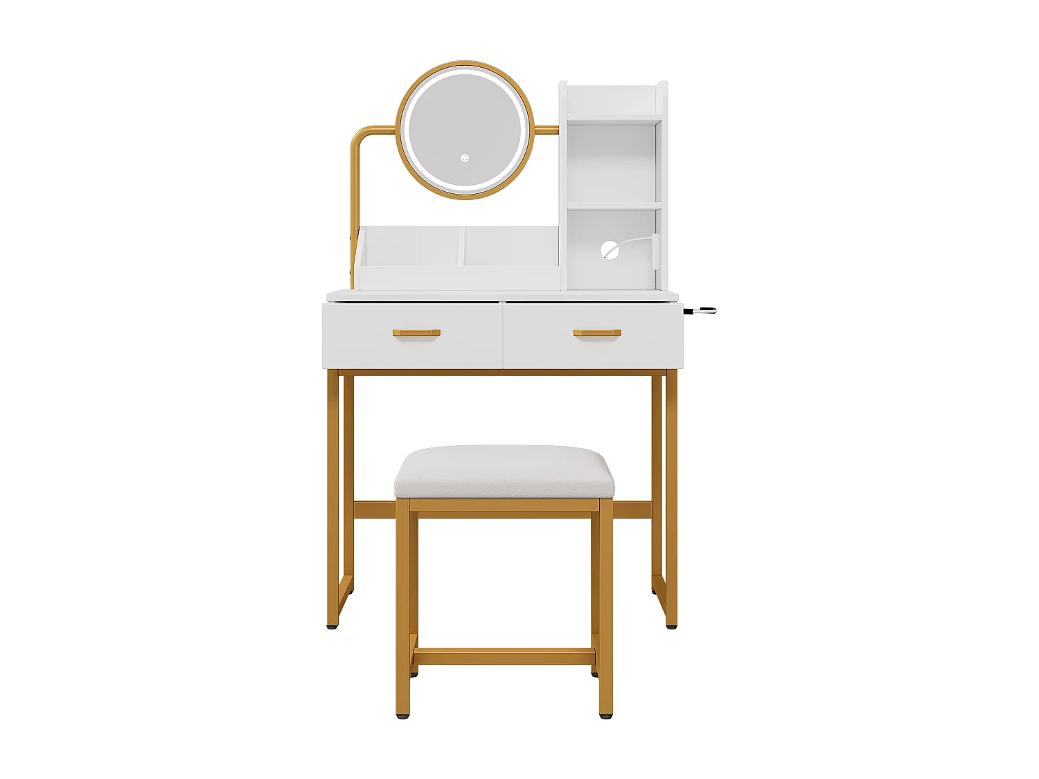 Schminktisch mit Spiegel 80x40x138,5 cm – mit Hocker – mit LED-Beleuchtung – mit USB-Anschluss – mit 2 Schubladen – mit offenen Regalen – Weiß & Gold