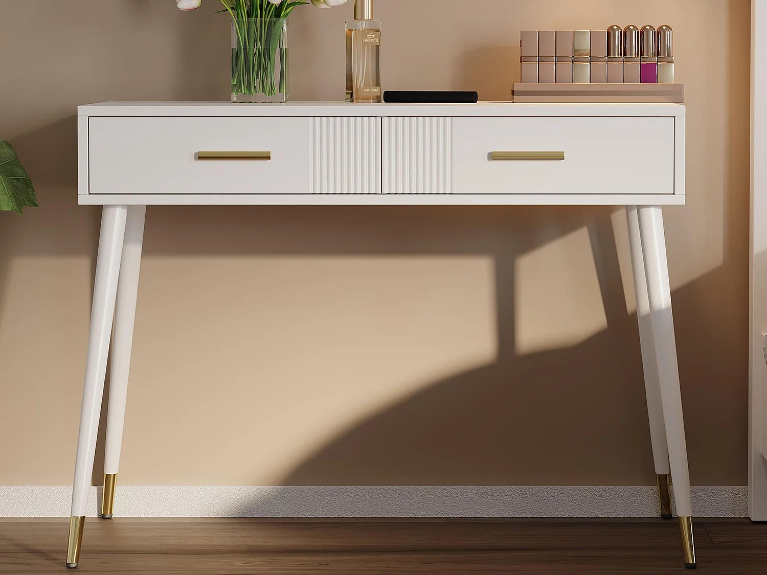 Coiffeuse 100x40x76 cm - avec 2 tiroirs - pieds en métal - Blanc（Pas de miroir）