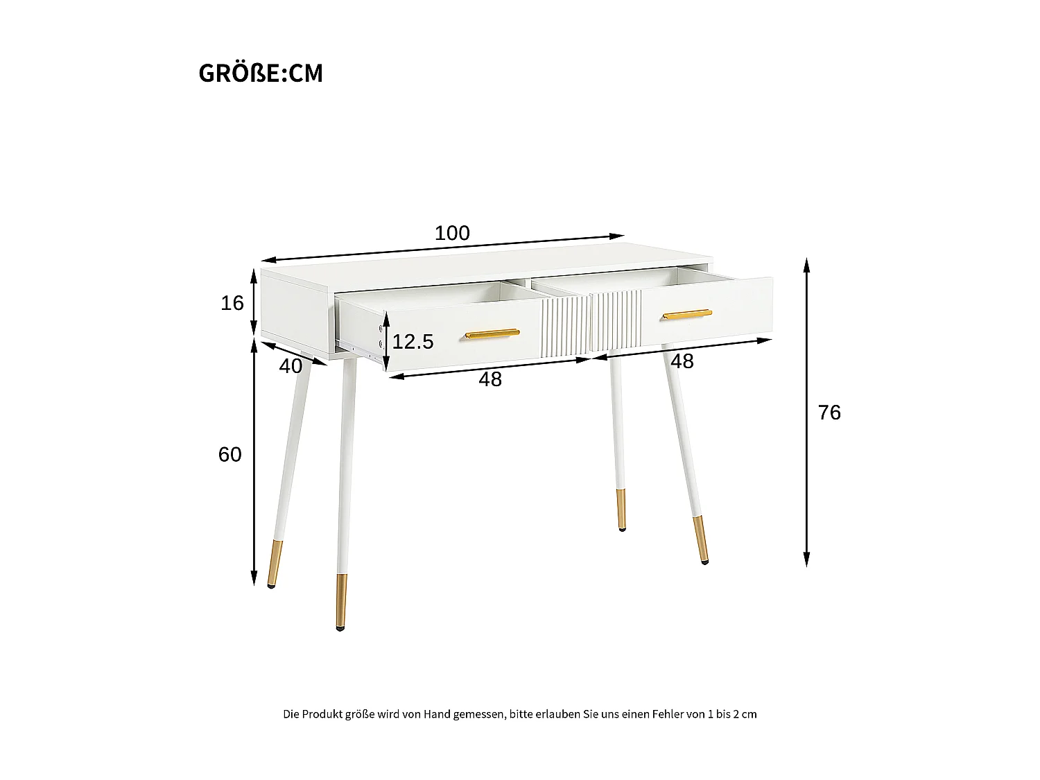 Coiffeuse 100x40x76 cm - avec 2 tiroirs - pieds en métal - Blanc（Pas de miroir）