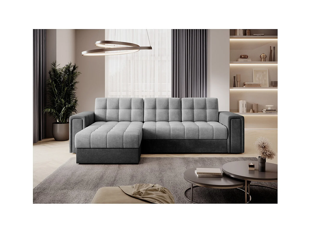 Canapé d'angle 3 places AMINTA convertible en tissu - Gris clair/Gris anthracite