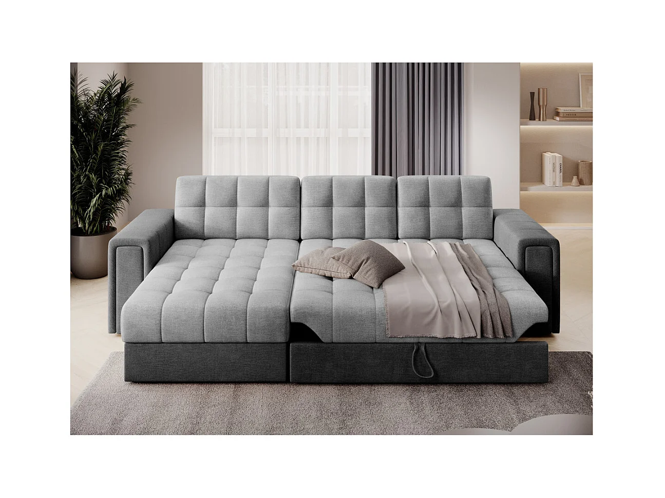 Canapé d'angle 3 places AMINTA convertible en tissu - Gris clair/Gris anthracite