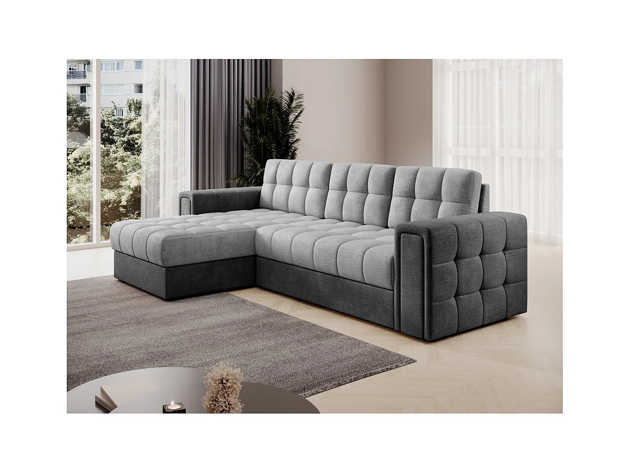 Canapé d'angle 3 places AMINTA convertible en tissu - Gris clair/Gris anthracite