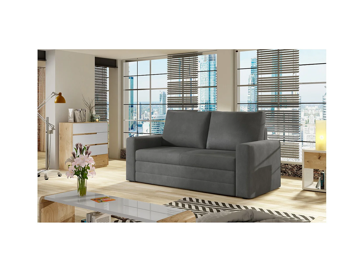 Canapé convertible 2 places ZORA en tissu - Gris anthracite