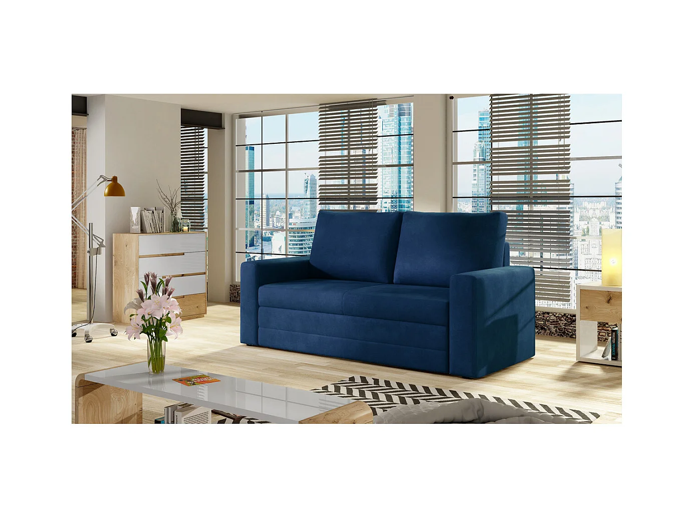 Canapé convertible 2 places ZORA en tissu - Bleu