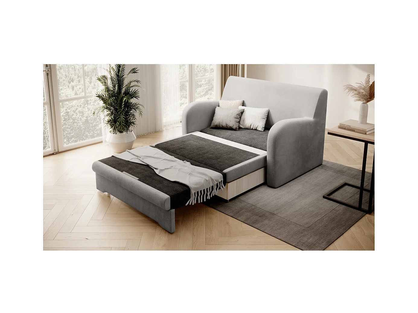 Canapé convertible 2 places SELMA en tissu - Gris clair