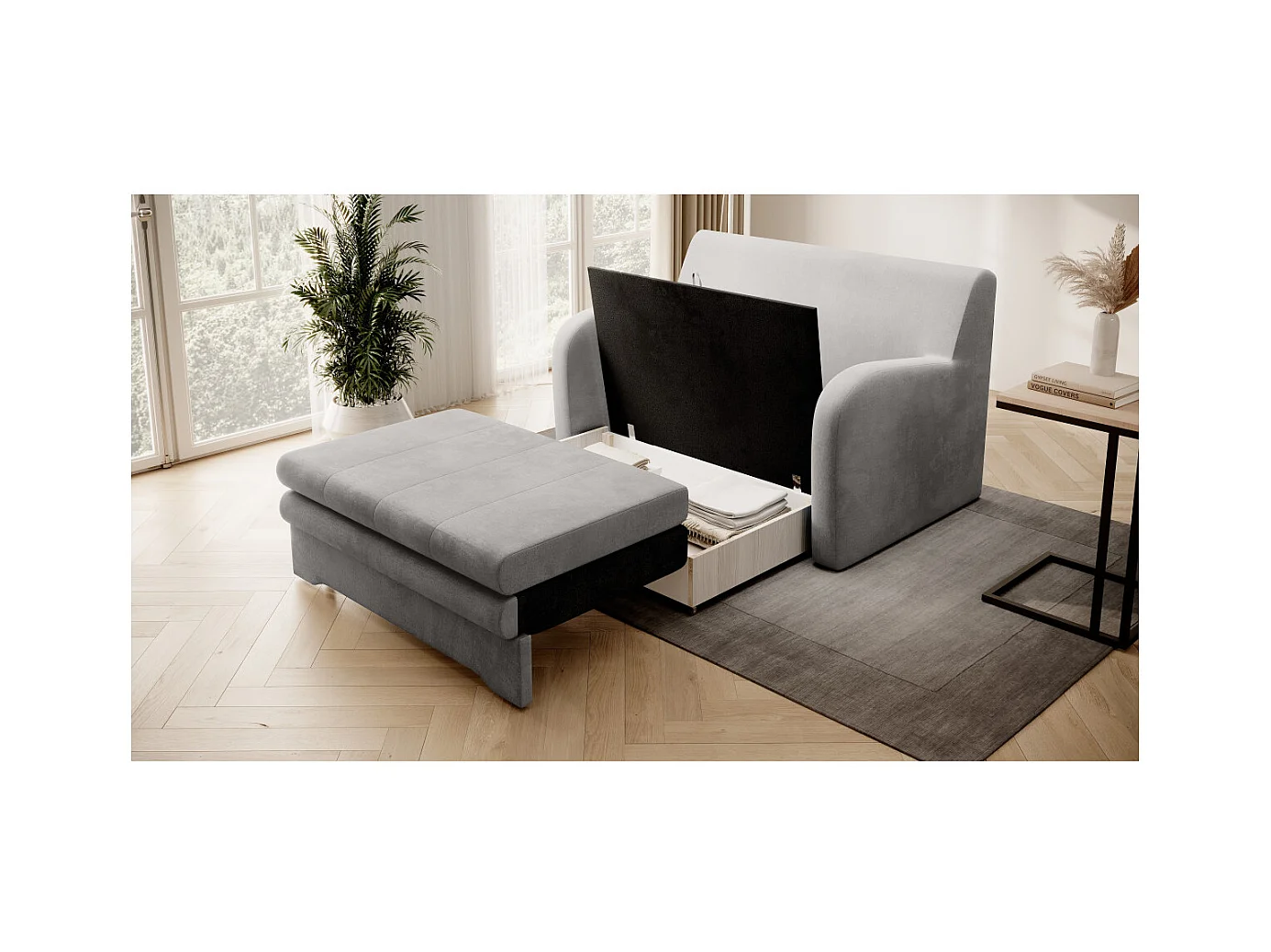 Canapé convertible 2 places SELMA en tissu - Gris clair