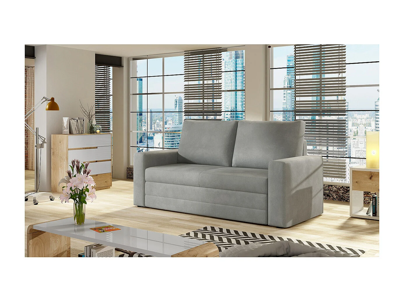 Canapé convertible 2 places ZORA en tissu - Gris clair