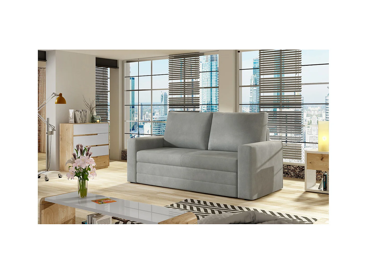 Canapé convertible 2 places ZORA en tissu - Gris clair