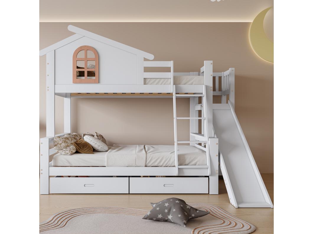 Litera tipo casita con tobogán + cajones - estructura de pino - 90x200cm + 120x200cm - blanco