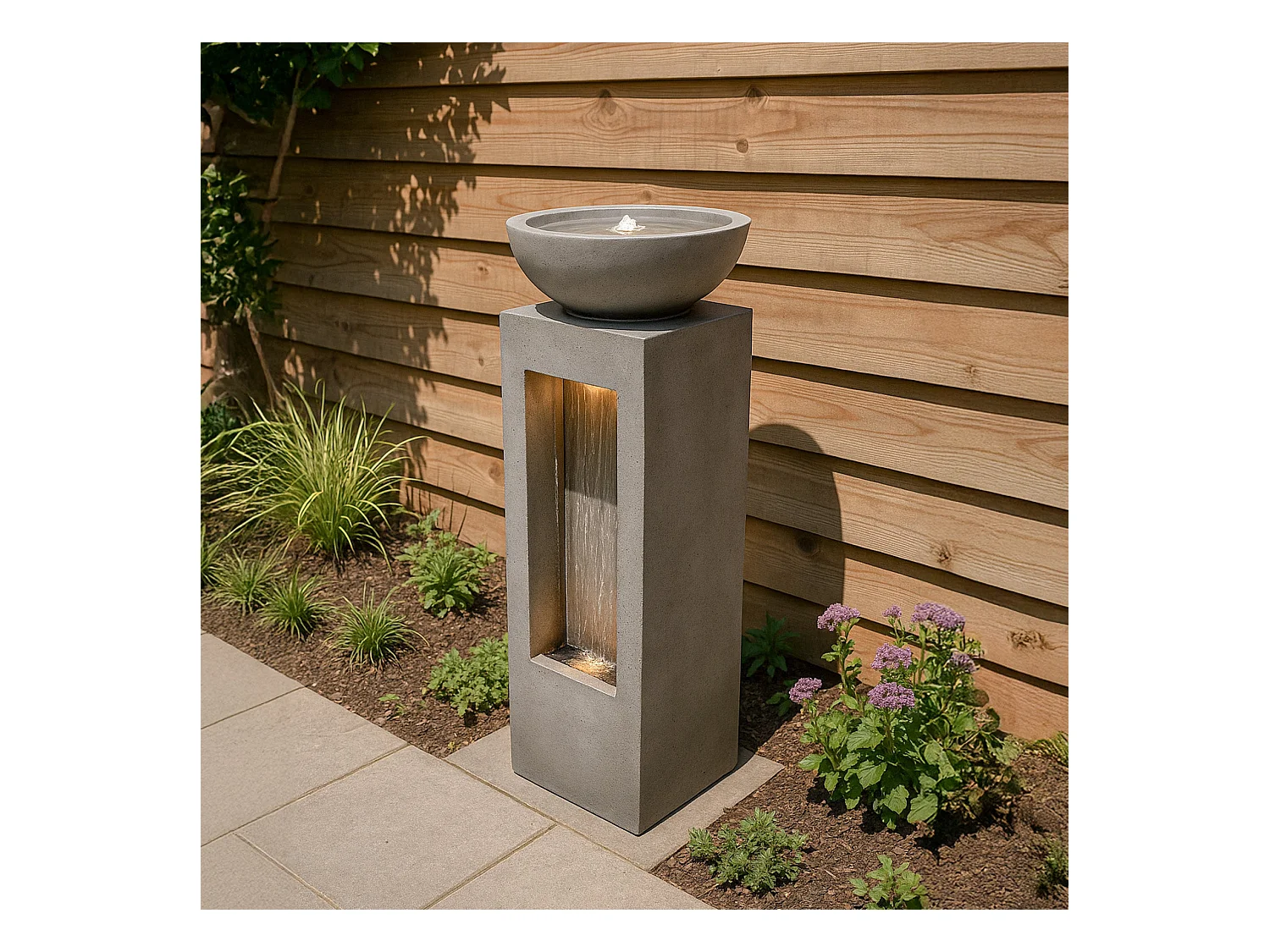 Kaskadierende Outdoor-Wasseranlage – Elektrischer Gartenbrunnen aus Zement in Grau – 2 warmweiße LED-Leuchten – Serenity Falls