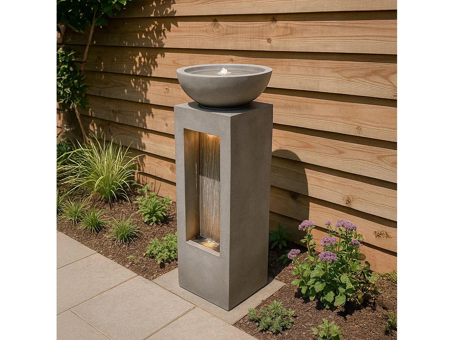 Fontana Cascata da Esterno in Cemento Grigio con 2 Luci LED Bianche Calde, Pompa Elettrica con Cavo da 7m, Decorazione da Giardino Serenity Falls + Spazzola Inclusa