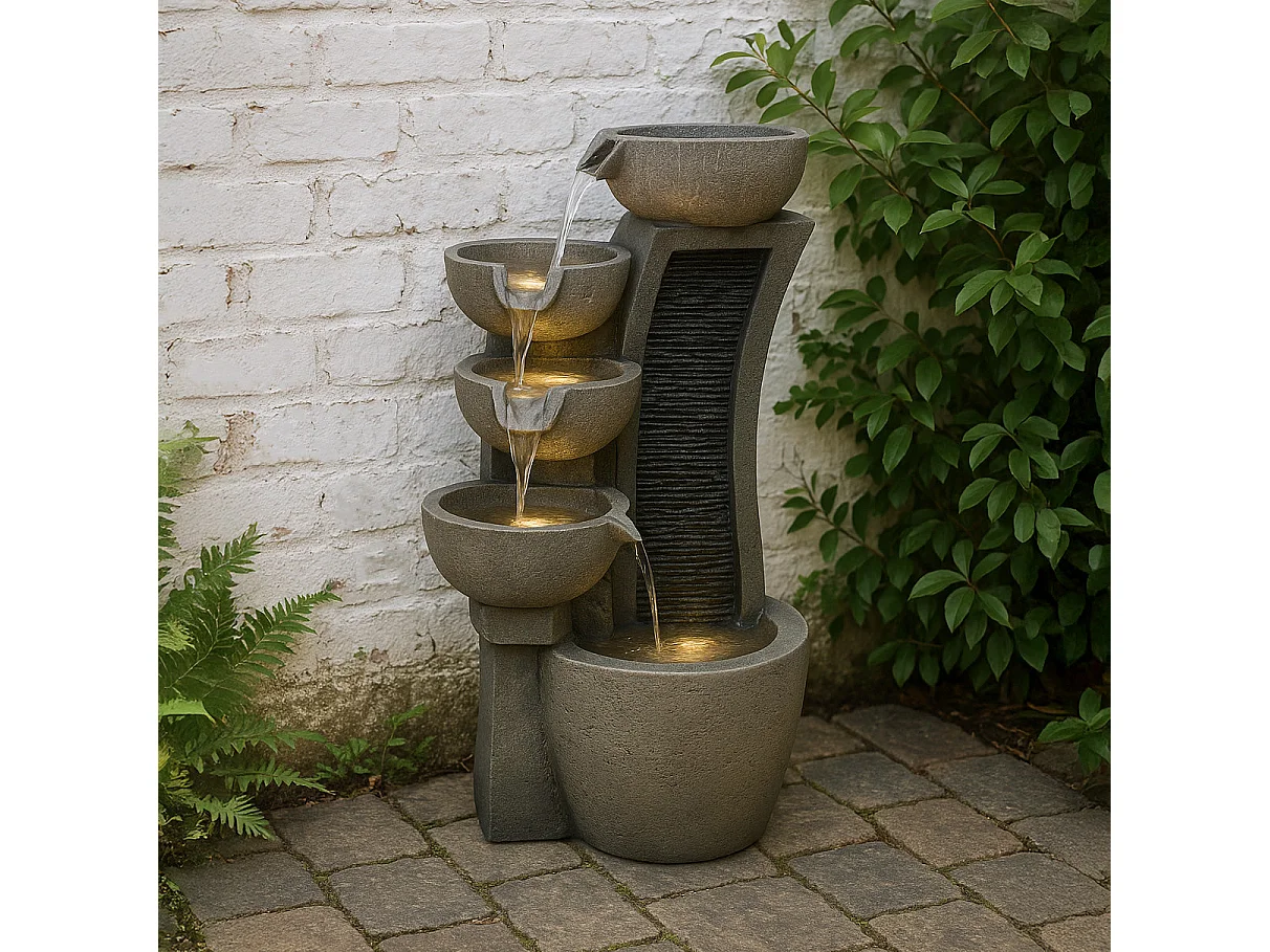 Kaskadierende Outdoor-Wasseranlage – Elektrischer Gartenbrunnen in Grau – 5 warmweiße LED-Leuchten – Sleek Streams