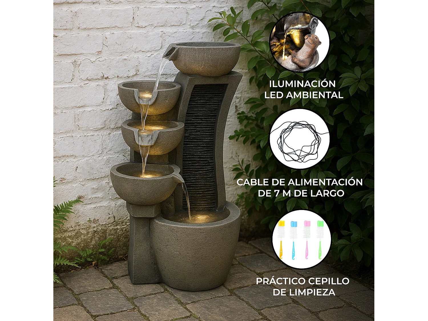 Fontana Cascata da Esterno in Poliresina Grigia con 5 Luci LED Bianche Calde, Pompa Elettrica, Cavo da 7m – Sleek Streams + Spazzola per Pulizia Inclusa