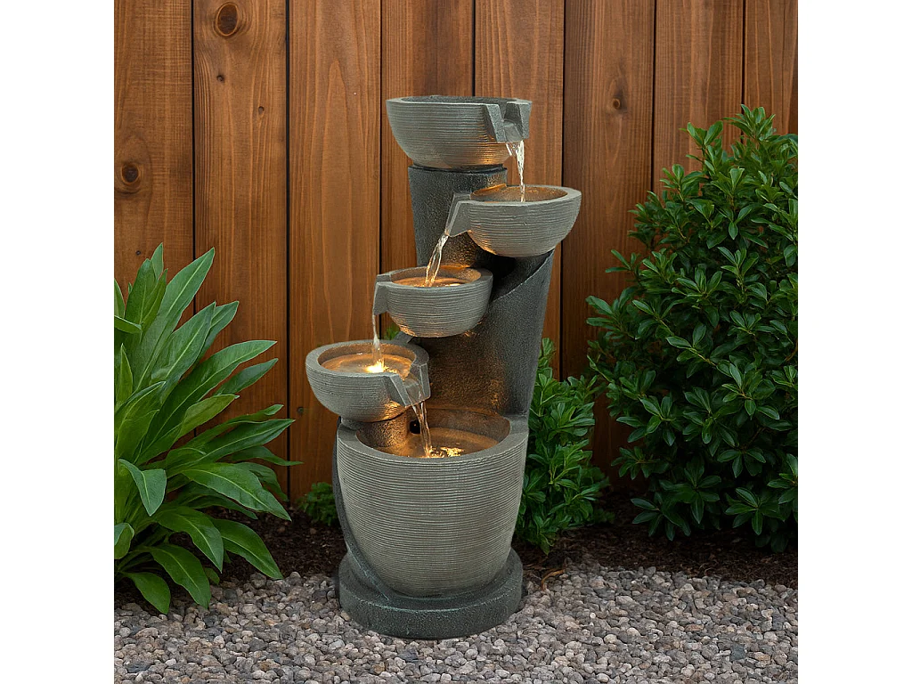 Fontana Cascata da Esterno in Poliresina Grigia con 4 Luci LED Bianche Calde, Pompa Elettrica, Cavo da 7m – Illusion Lagoon + Spazzola per Pulizia Inclusa