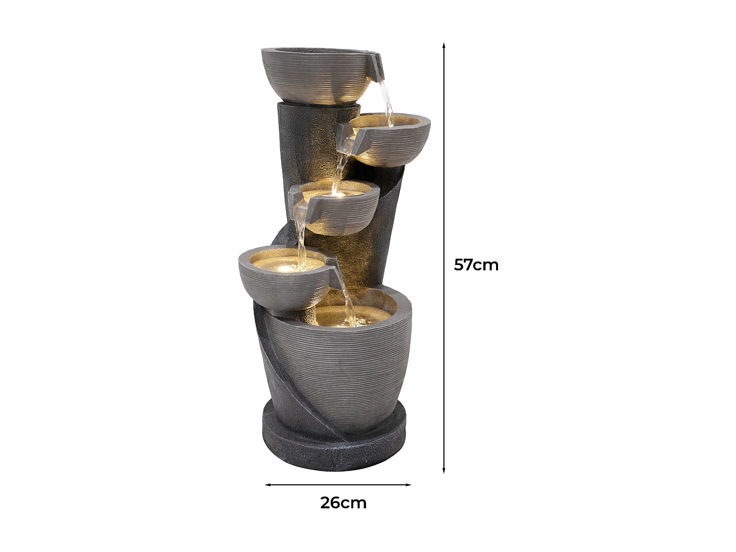 Fontana Cascata da Esterno in Poliresina Grigia con 4 Luci LED Bianche Calde, Pompa Elettrica, Cavo da 7m – Illusion Lagoon + Spazzola per Pulizia Inclusa