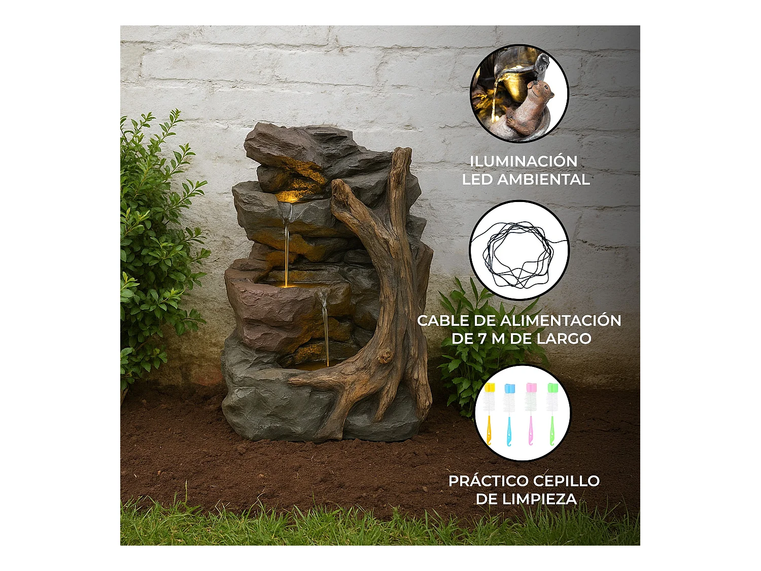 Fontana Cascata da Esterno in Poliresina Grigia con 3 Luci LED Bianche Calde, Pompa Elettrica, Cavo da 7m – Willow Springs + Spazzola per Pulizia Inclusa