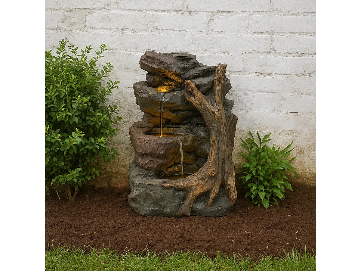 Fontana Cascata da Esterno in Poliresina Grigia con 3 Luci LED Bianche Calde, Pompa Elettrica, Cavo da 7m – Willow Springs + Spazzola per Pulizia Inclusa