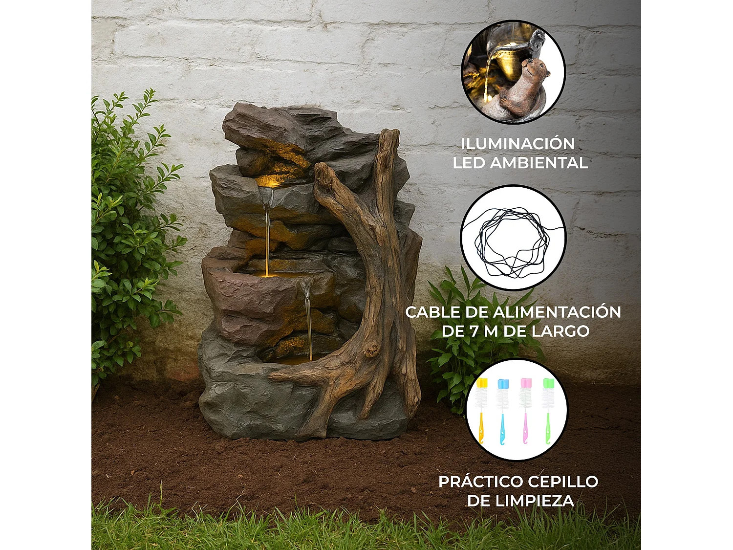 Fontana Cascata da Esterno in Poliresina Grigia con 3 Luci LED Bianche Calde, Pompa Elettrica, Cavo da 7m – Willow Springs + Spazzola per Pulizia Inclusa