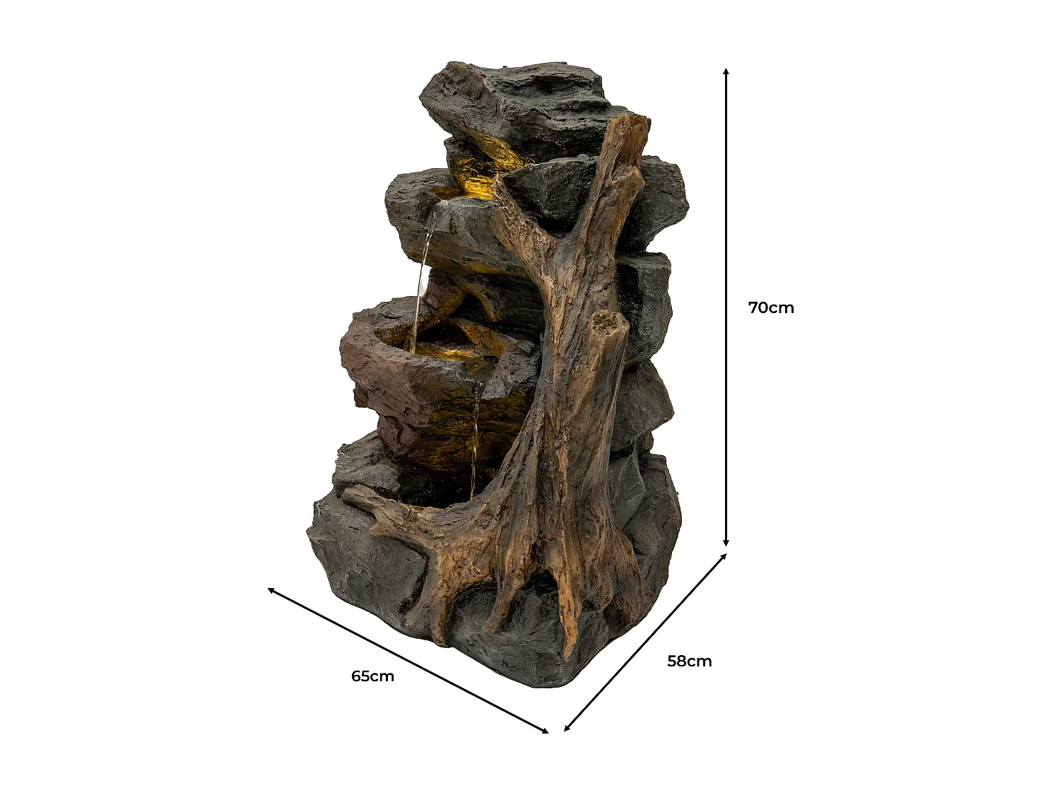 Fontana Cascata da Esterno in Poliresina Grigia con 3 Luci LED Bianche Calde, Pompa Elettrica, Cavo da 7m – Willow Springs + Spazzola per Pulizia Inclusa