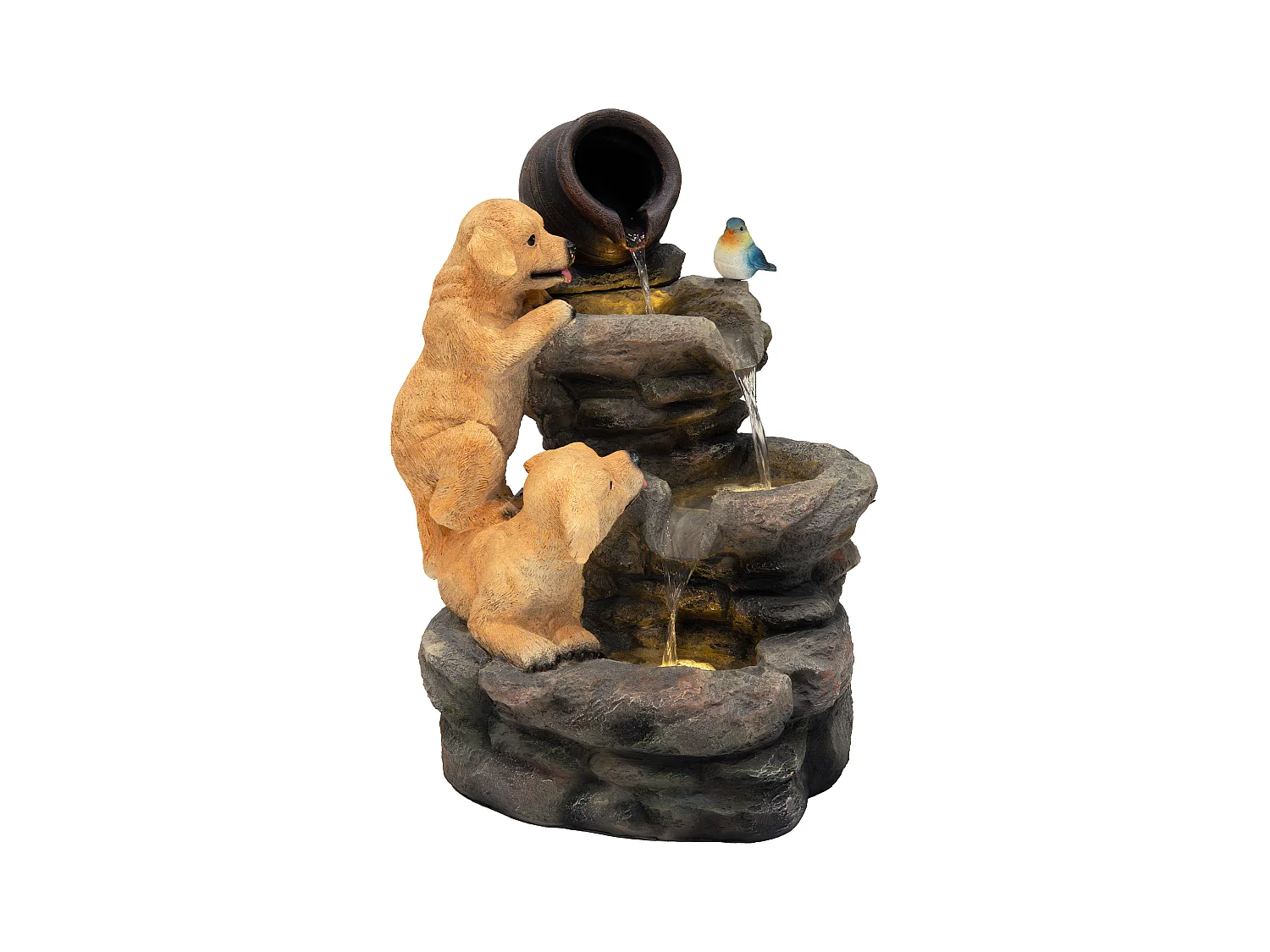 Kaskadierende Outdoor-Wasseranlage – Elektrischer Gartenbrunnen in Grau – warmweiße LED-Leuchten – Canine Creek