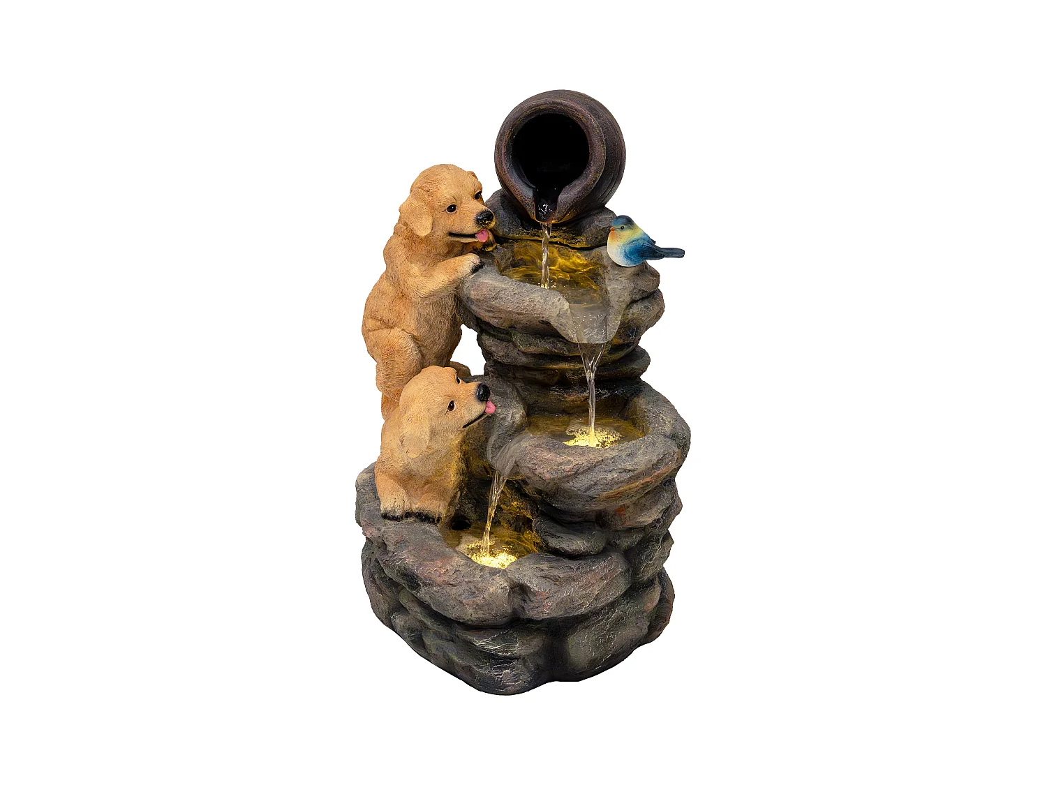 Kaskadierende Outdoor-Wasseranlage – Elektrischer Gartenbrunnen in Grau – warmweiße LED-Leuchten – Canine Creek