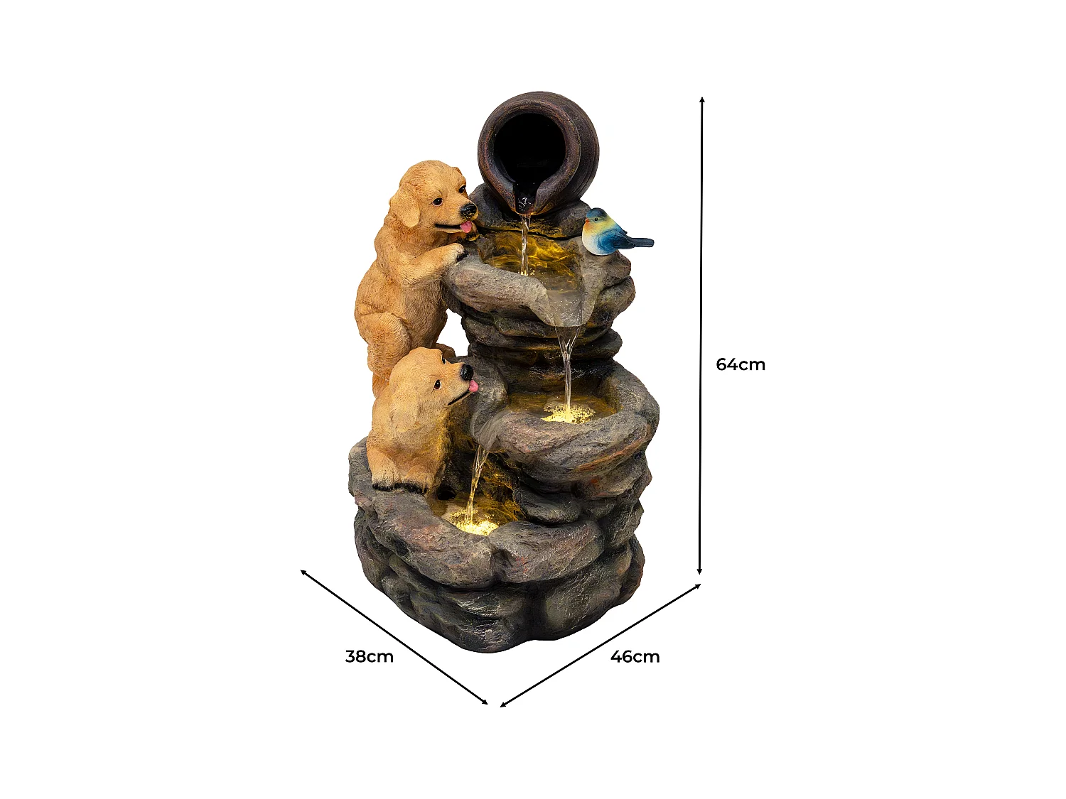 Kaskadierende Outdoor-Wasseranlage – Elektrischer Gartenbrunnen in Grau – warmweiße LED-Leuchten – Canine Creek