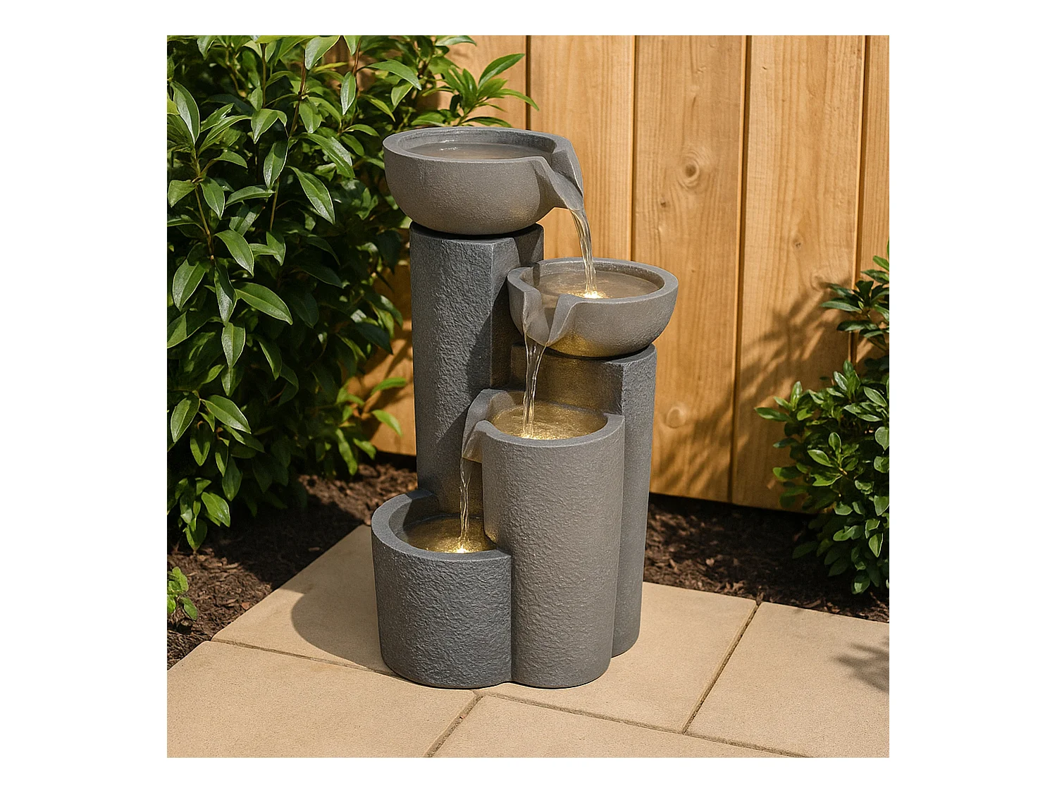 Fontana Cascata da Esterno in Poliresina Grigia con 4 Luci LED Bianche Calde, Pompa Elettrica, Cavo da 7m – Tranquil Tiers + Spazzola per Pulizia Inclusa