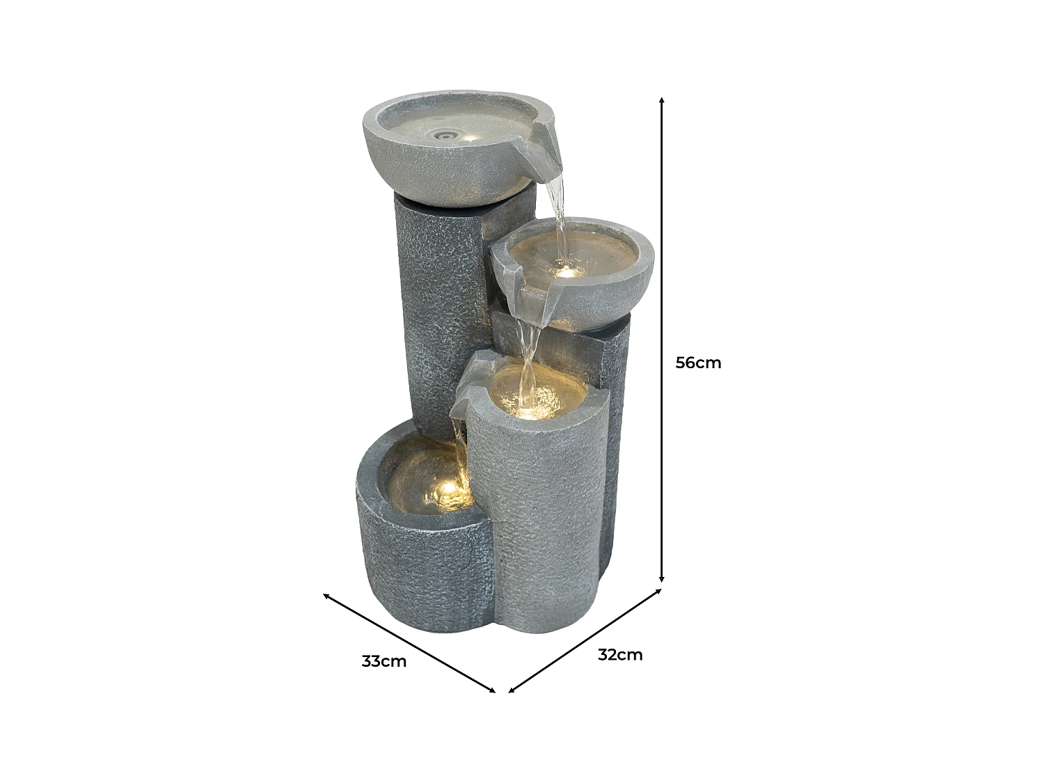 Fontana Cascata da Esterno in Poliresina Grigia con 4 Luci LED Bianche Calde, Pompa Elettrica, Cavo da 7m – Tranquil Tiers + Spazzola per Pulizia Inclusa