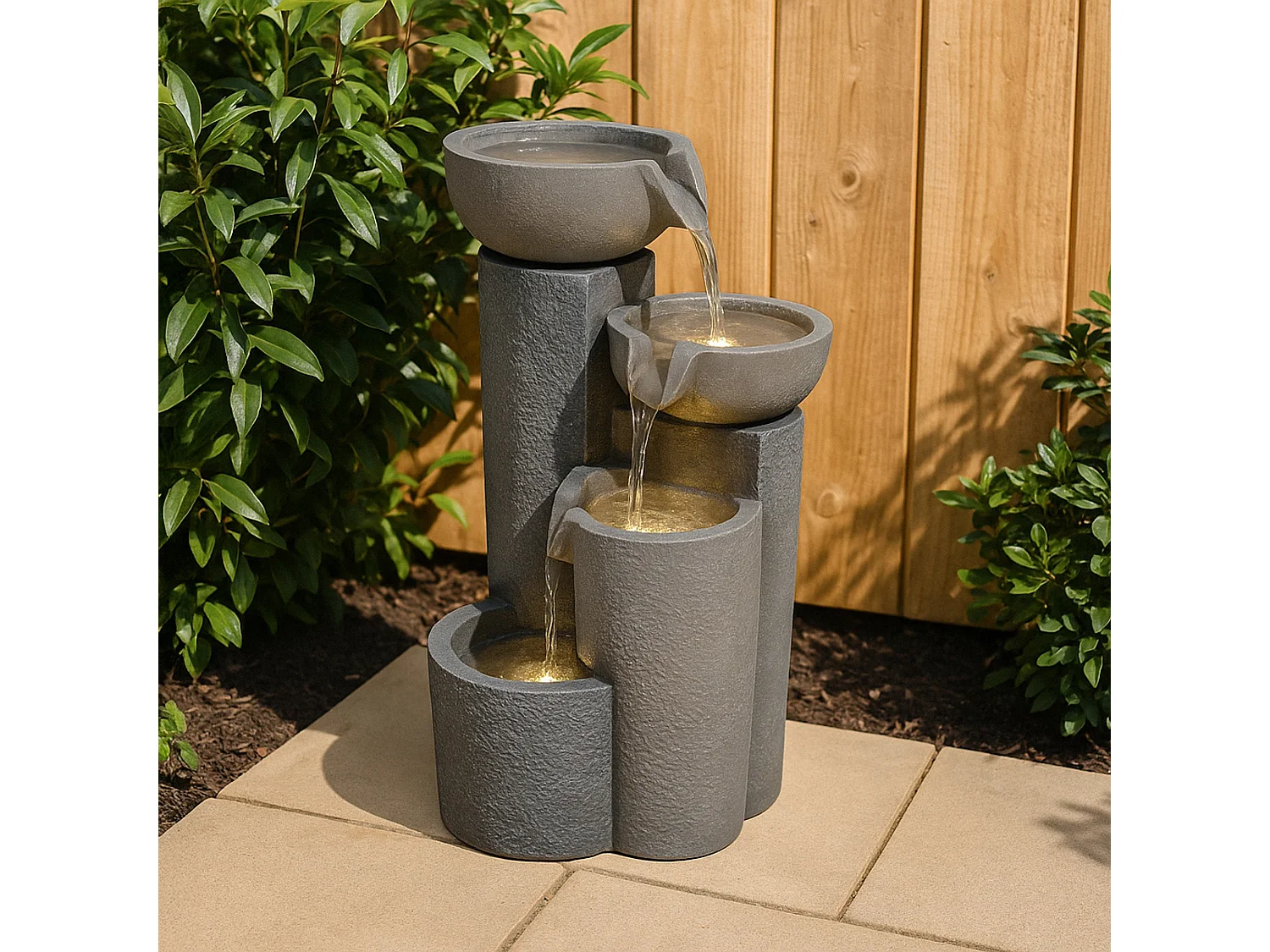 Fontana Cascata da Esterno in Poliresina Grigia con 4 Luci LED Bianche Calde, Pompa Elettrica, Cavo da 7m – Tranquil Tiers + Spazzola per Pulizia Inclusa