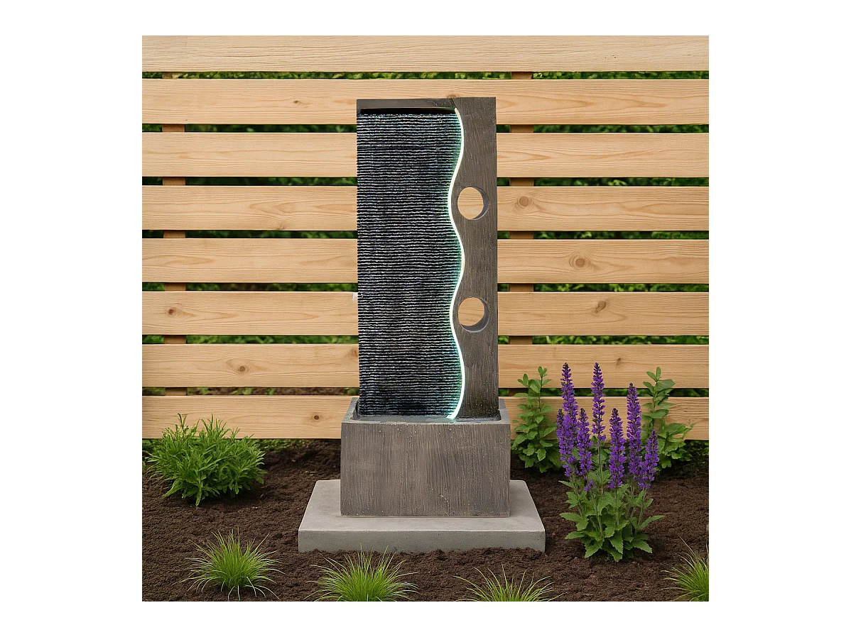 Fontana Cascata da Esterno in Poliresina Grigia con Luce LED Bianca Calda, Pompa Elettrica, Cavo da 7m – Harmony Falls + Spazzola per Pulizia Inclusa