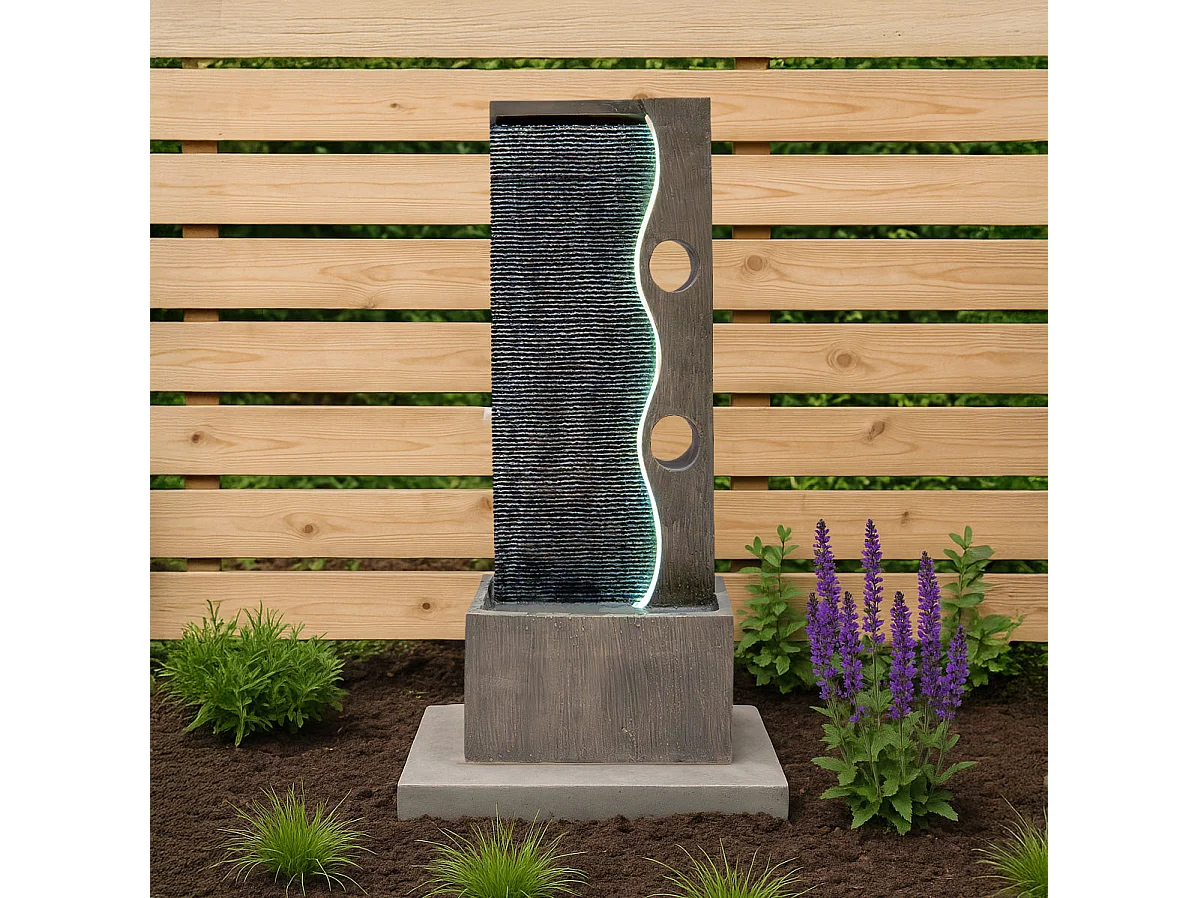 Fontana Cascata da Esterno in Poliresina Grigia con Luce LED Bianca Calda, Pompa Elettrica, Cavo da 7m – Harmony Falls + Spazzola per Pulizia Inclusa
