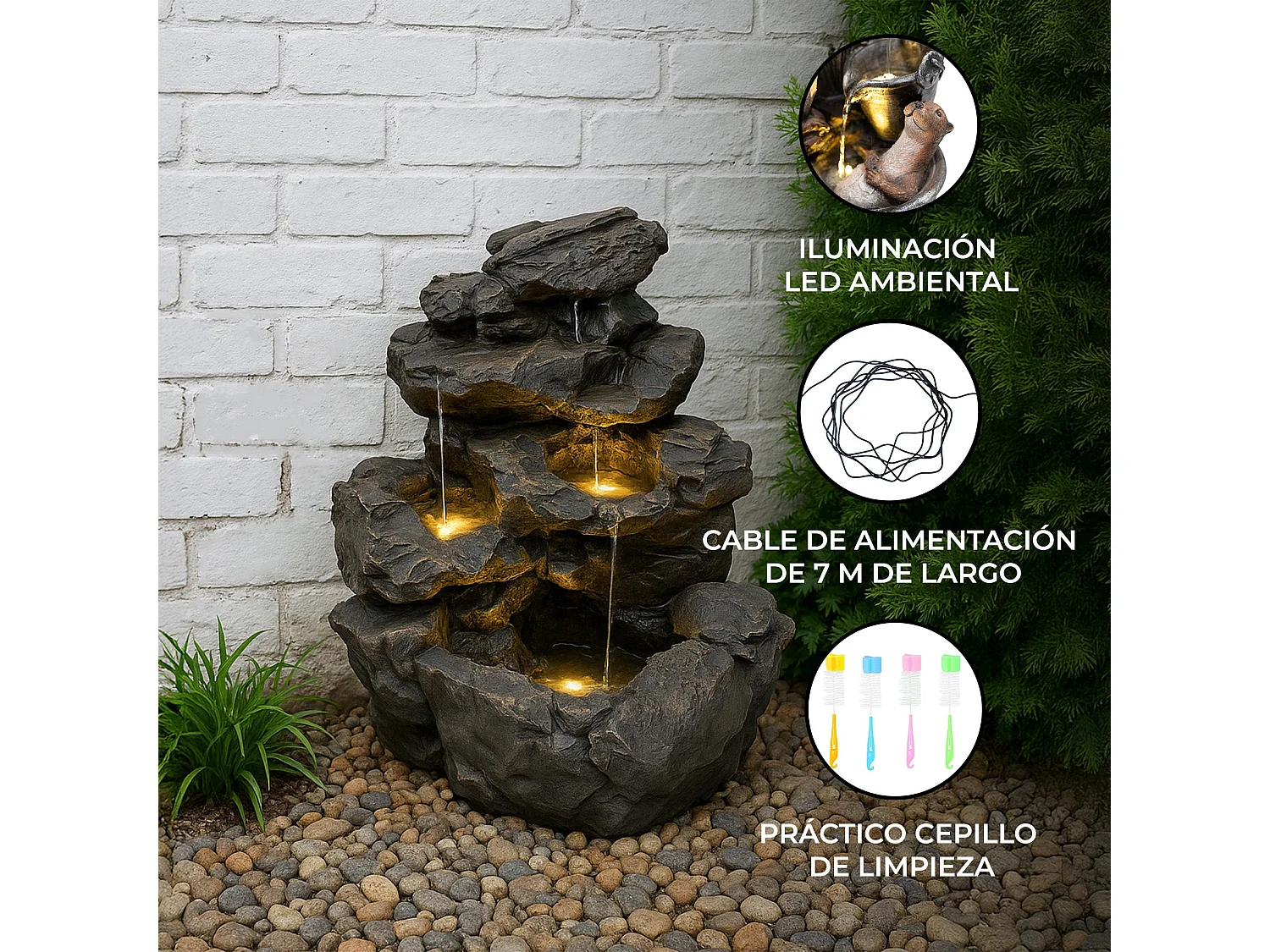 Fontana Cascata da Esterno in Poliresina Grigia con 3 Luci LED Bianche Calde, Pompa Elettrica, Cavo da 7m – Rustic Rapids + Spazzola per Pulizia Inclusa