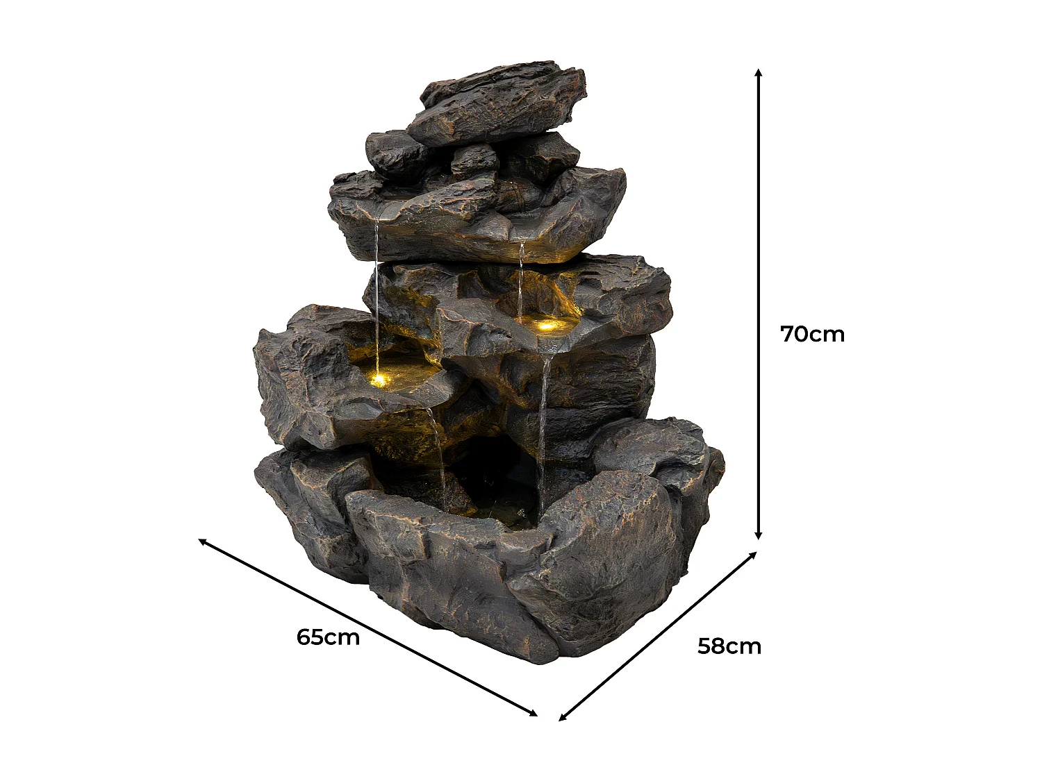 Fontana Cascata da Esterno in Poliresina Grigia con 3 Luci LED Bianche Calde, Pompa Elettrica, Cavo da 7m – Rustic Rapids + Spazzola per Pulizia Inclusa