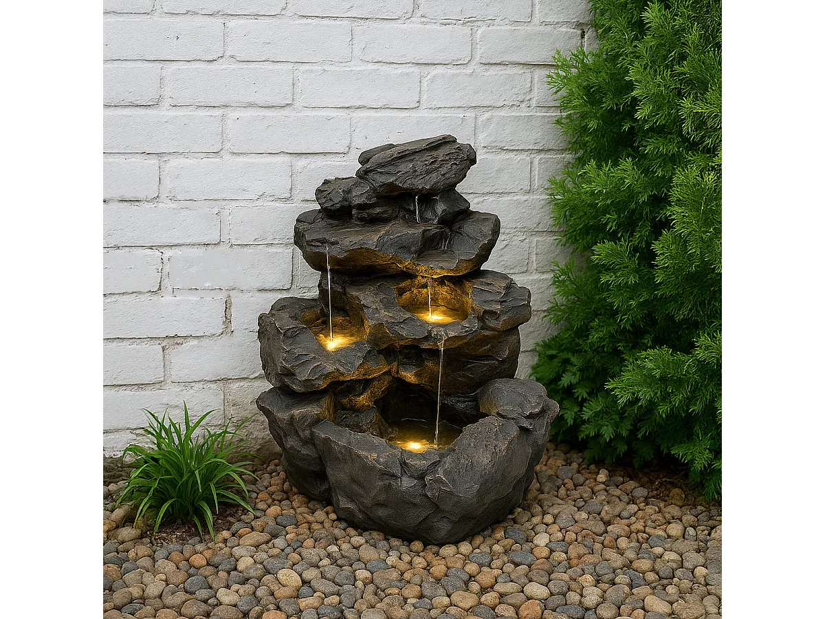 Fontana Cascata da Esterno in Poliresina Grigia con 3 Luci LED Bianche Calde, Pompa Elettrica, Cavo da 7m – Rustic Rapids + Spazzola per Pulizia Inclusa