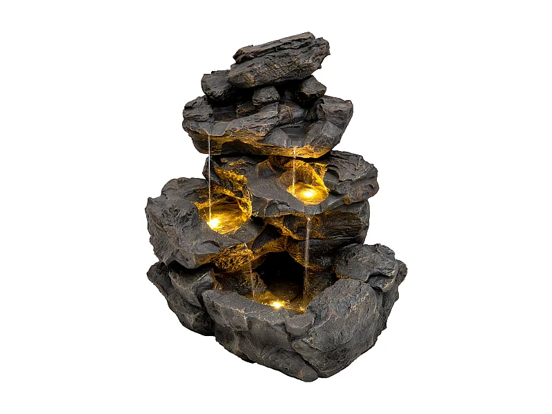 Fontana Cascata da Esterno in Poliresina Grigia con 3 Luci LED Bianche Calde, Pompa Elettrica, Cavo da 7m – Rustic Rapids + Spazzola per Pulizia Inclusa