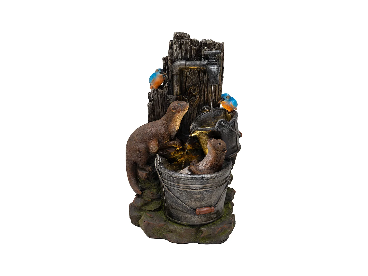 Fontana Cascata da Esterno in Poliresina Grigia con 2 Luci LED Bianche Calde, Pompa Elettrica, Cavo da 7m – Otter Oasis + Spazzola per Pulizia Inclusa