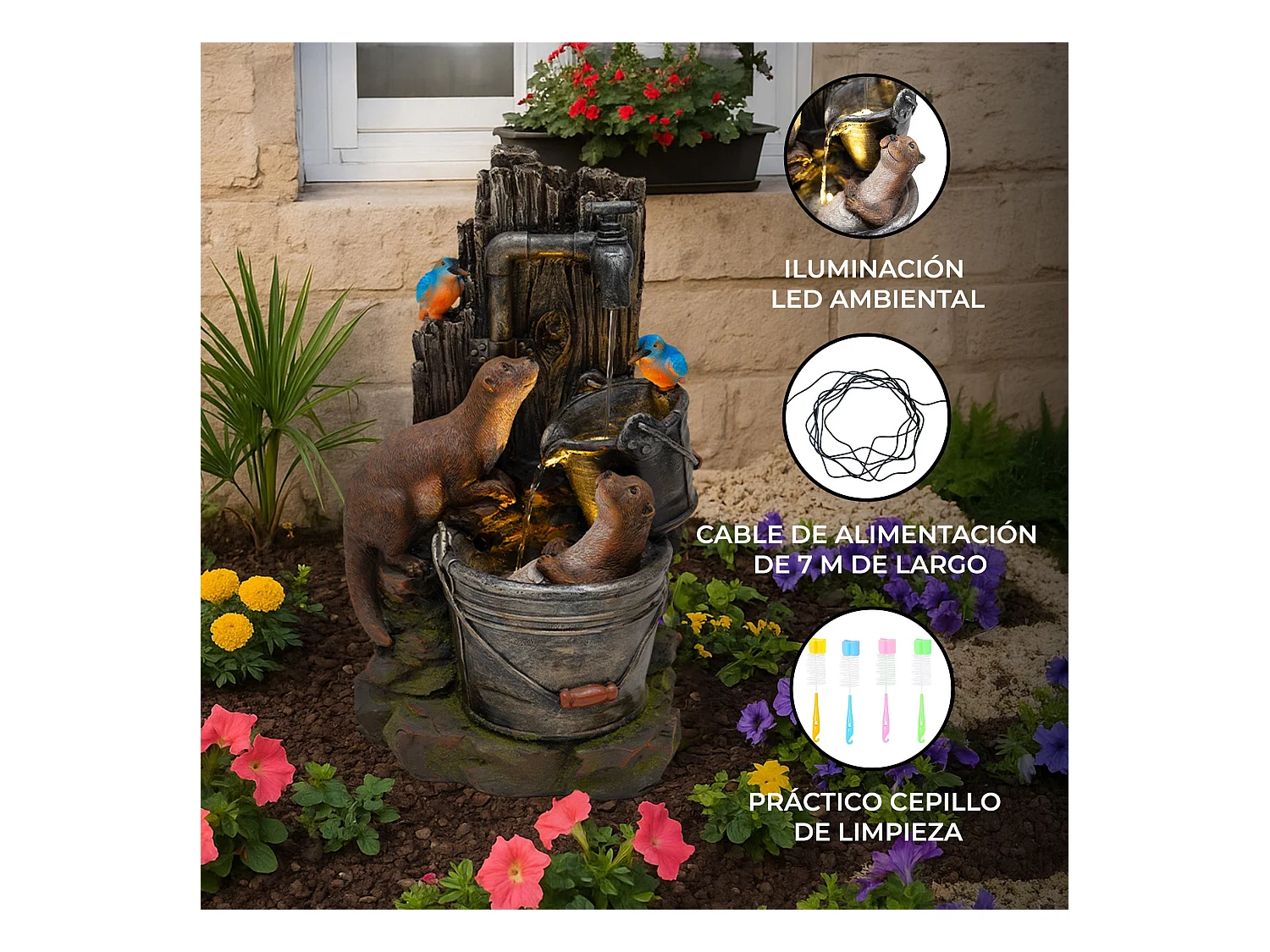 Fontana Cascata da Esterno in Poliresina Grigia con 2 Luci LED Bianche Calde, Pompa Elettrica, Cavo da 7m – Otter Oasis + Spazzola per Pulizia Inclusa